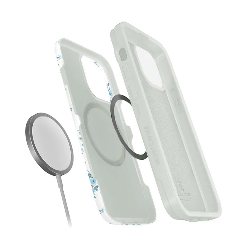 Clear phone case exploded view showing MagSafe wireless charger compatibility and multi-layer drop protection design